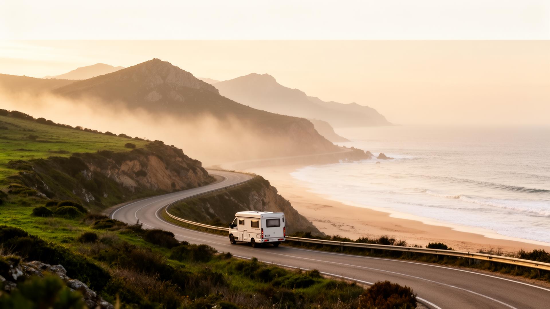 Ruta camper entre montañas con paisaje cálido