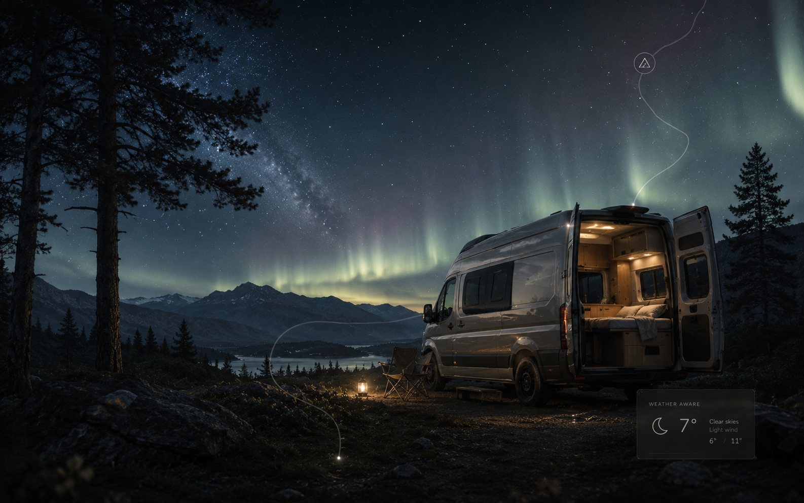 Camper bajo cielo estrellado con auroras